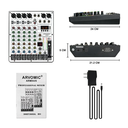 Black arvomic armx4/6 professional 6-channel audio mixer dj mixer with colored knobs ping-pong delay and usb ports
