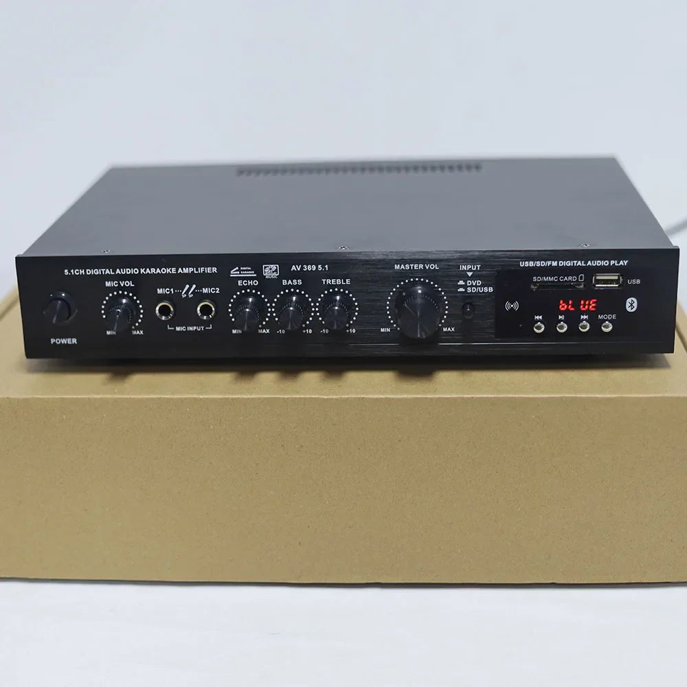Black 5.1ch digital audio amplifier receiver with multiple knobs and usb sd card ports for home theater speaker amp stereo