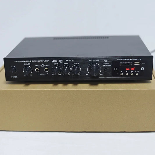 Black 5.1ch digital audio amplifier receiver with multiple knobs and usb sd card ports for home theater speaker amp stereo