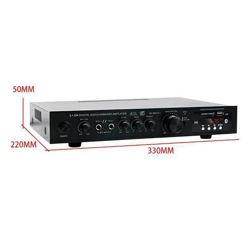Black 5.1 channel digital audio amplifier receiver with multiple knobs and led display for receiver home theater use