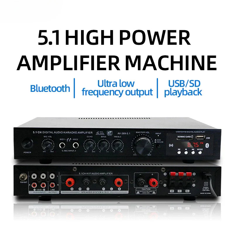 Black 5.1 channel digital audio amplifier receiver with usb sd playback and multiple i o ports for home theater use
