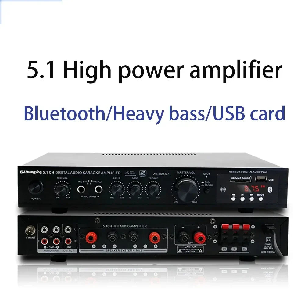 Black 5.1 channel digital audio amplifier receiver av-389-s1 by zhengying with multiple ports and digital display for home theater