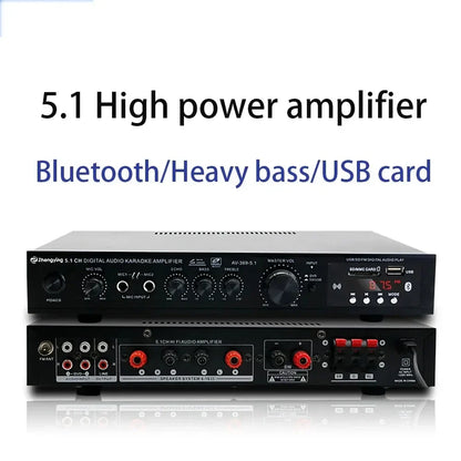 Black 5.1 channel digital audio amplifier receiver av-389-s1 by zhengying with multiple ports and digital display for home theater