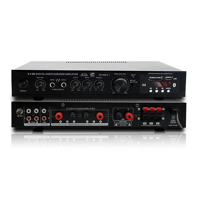 Black 5.1 channel digital 6 channel bluetooth audio amplifier receiver with multiple ports for home theater use