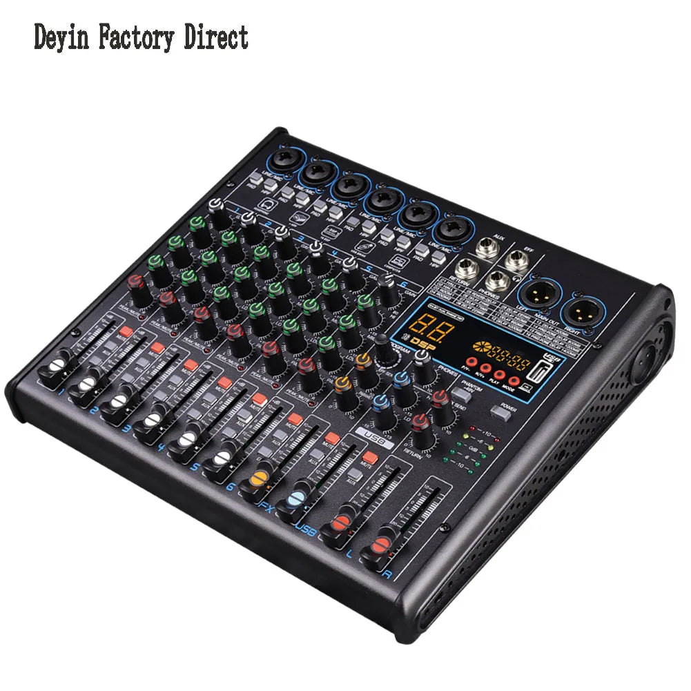 Black 8-channel audio mixer with colorful knobs and digital display featuring 48v phantom power and dsp effects