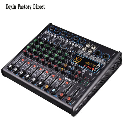Black 8-channel audio mixer with colorful knobs and digital display featuring 48v phantom power and dsp effects