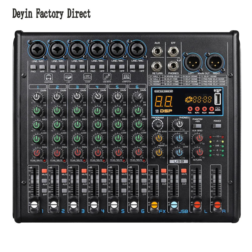 Black deyin 6-channel audio mixer with 48v phantom power dsp effects blue led and multiple input output ports
