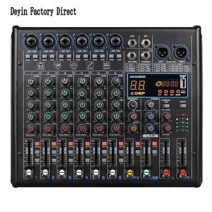 Black deyin 6-channel audio mixer with 48v phantom power dsp effects blue led and multiple input output ports