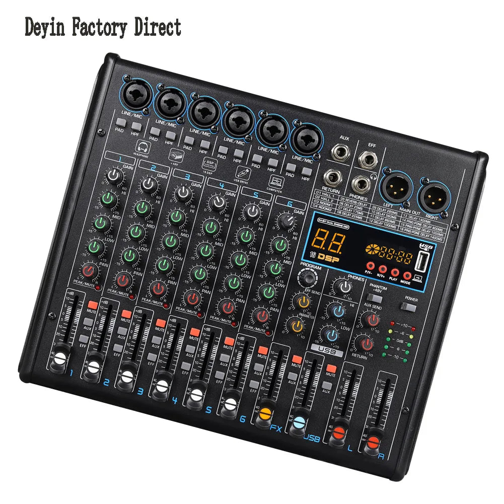 Black deyin 8-channel audio mixer with 48v phantom power dsp effects and digital display for studio and live use