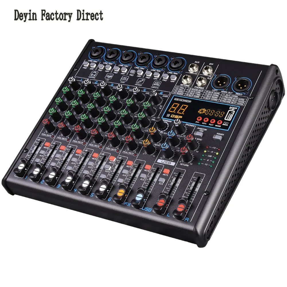 Black deyin 8-channel audio mixer with colorful knobs digital display featuring 48v phantom power and dsp effects