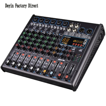 Black deyin 8-channel audio mixer with colorful knobs digital display featuring 48v phantom power and dsp effects