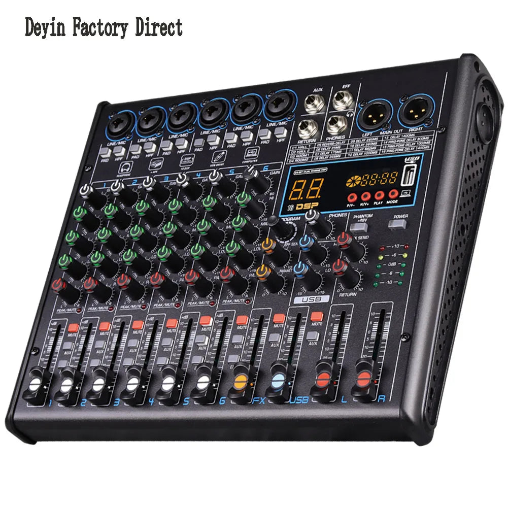 Black deyin factory direct 8-channel audio mixer with colorful knobs digital display 48v phantom power dsp effects
