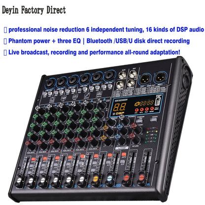 Black deyin 6-channel bluetooth audio mixer with 48v phantom power dsp effects and usb recording for studio and live use