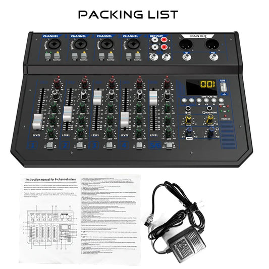 Black 6-channel audio mixer with blue accents silver and black knobs digital display for dual microphone dsp reverb audio mixing and bluetooth usb recording