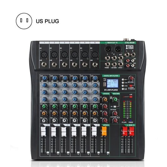 Black professioneller mixer soundboard with blue green and orange knobs featuring recording input xlr and bluetooth connectivity