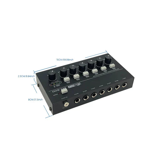 Black rectangular 6-channel stereo audio mixer mini portable with eight knobs and four switches for professional usb audio use