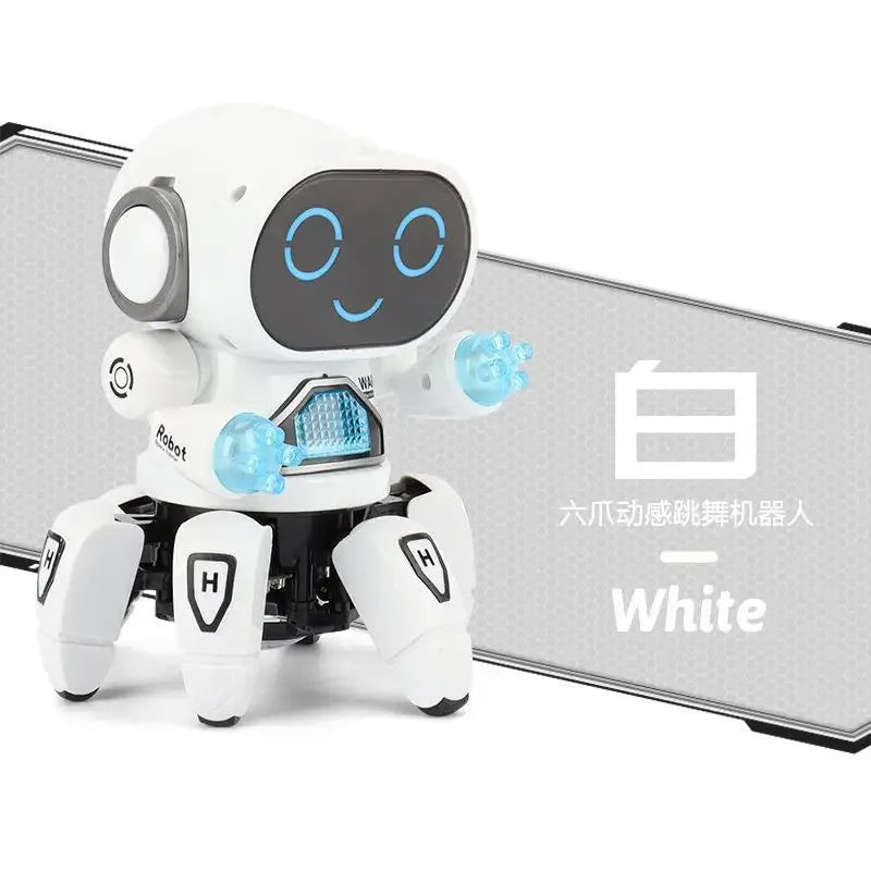 White six-legged claws robot dance toy with blue glowing eyes and interactive electronic robot features for early educational use
