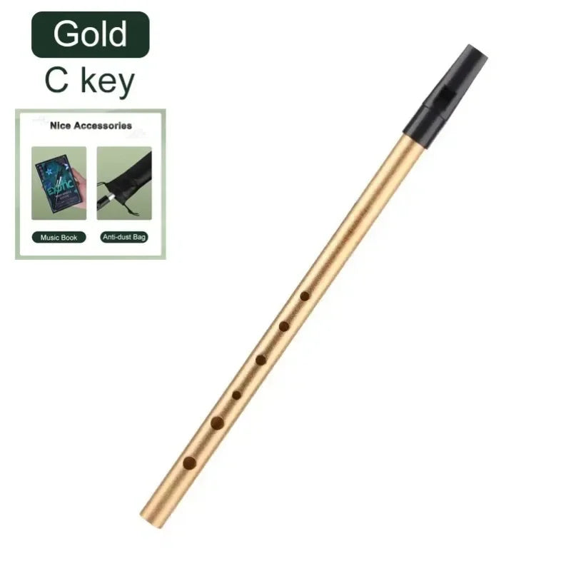 Gold-colored metal tin penny whistle in c key with six finger holes and black mouthpiece for beginners wind music