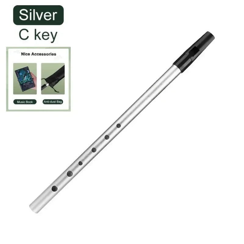 Silver c key tin penny whistle with black mouthpiece and finger holes metal key irish whistle for beginners