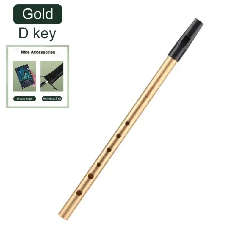 Gold-colored tin penny whistle key irish whistle with six holes and black mouthpiece metal flute instrument