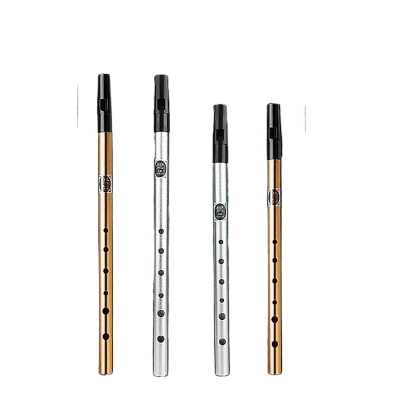 Four metallic tin penny whistles in gold and silver with black mouthpieces key irish whistle for beginners