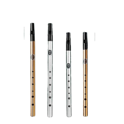 Four metallic tin penny whistles in gold and silver with black mouthpieces key irish whistle for beginners