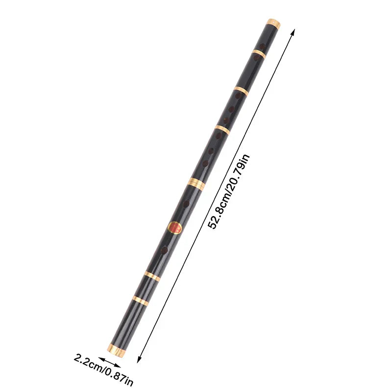 Black handmade bamboo transverse flute with 6 holes, gold metal rings, reddish-brown mark, folk sound durable design