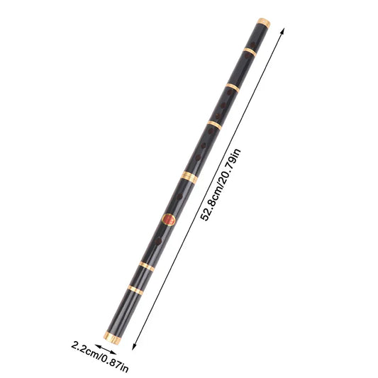 Black handmade bamboo transverse flute with 6 holes, gold metal rings, reddish-brown mark, folk sound durable design