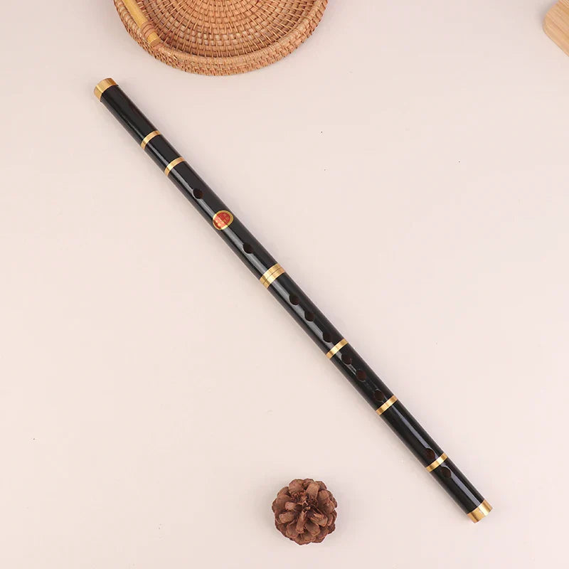 Black holes bamboo flute with gold metal rings and red emblem handmade bamboo transverse for folk sound durable use
