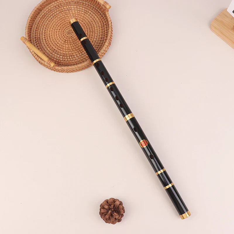 Black 6 holes bamboo flute with gold metal rings and red emblem handmade bamboo transverse for folk sound durable use