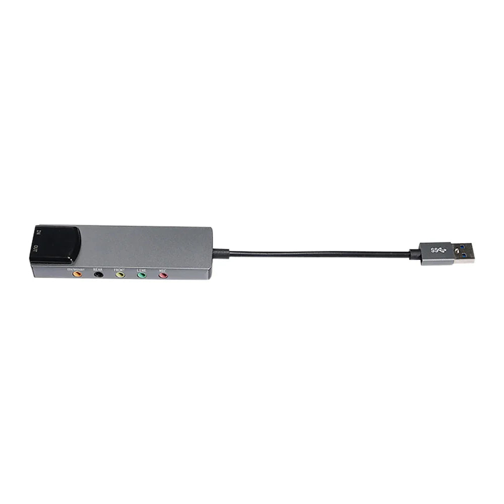 Gray aluminium 6-in-1 usb external optical sound card with multiple colored input jacks and black power button back side