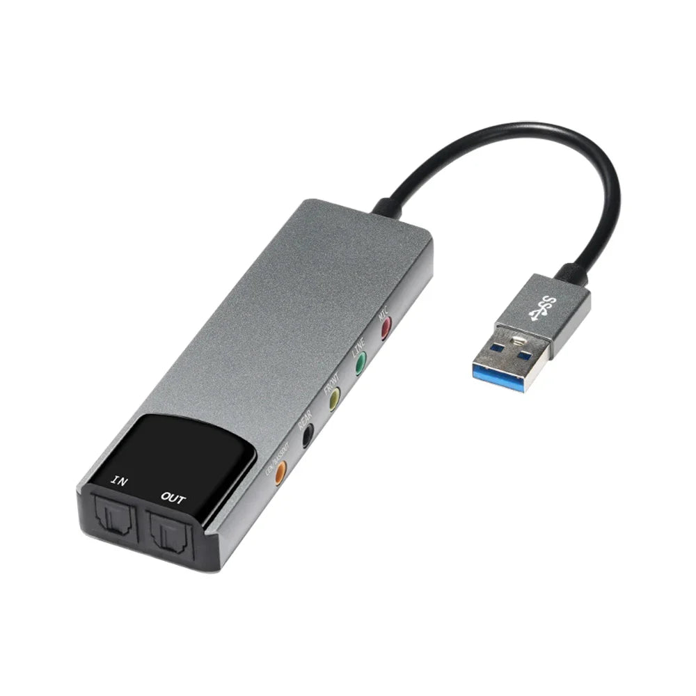 Silver aluminium 6-in-1 usb external optical sound card with colored rca jacks and black cable for notebook use