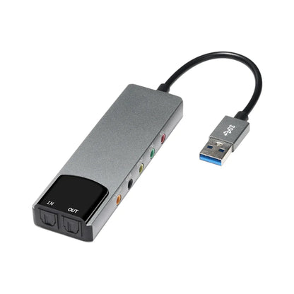 Silver aluminium 6-in-1 usb external optical sound card with colored rca jacks and black cable for notebook use