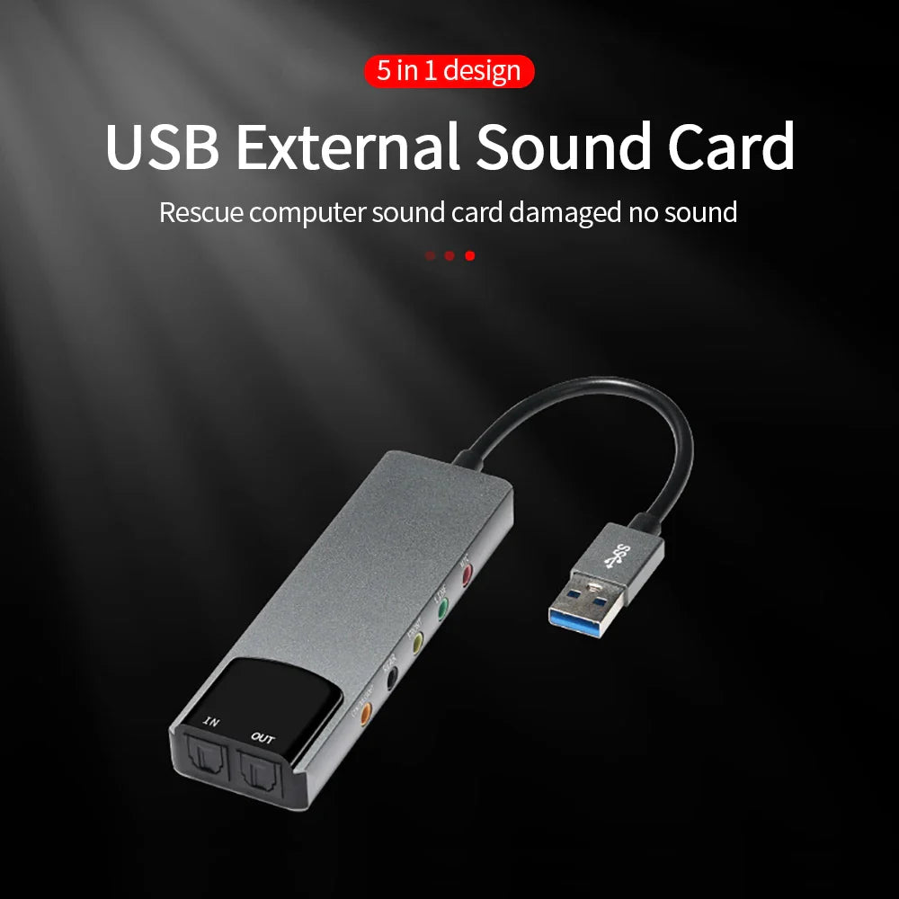 Silver aluminium 6-in-1 usb external optical sound card with multiple audio ports and black cable for notebook use