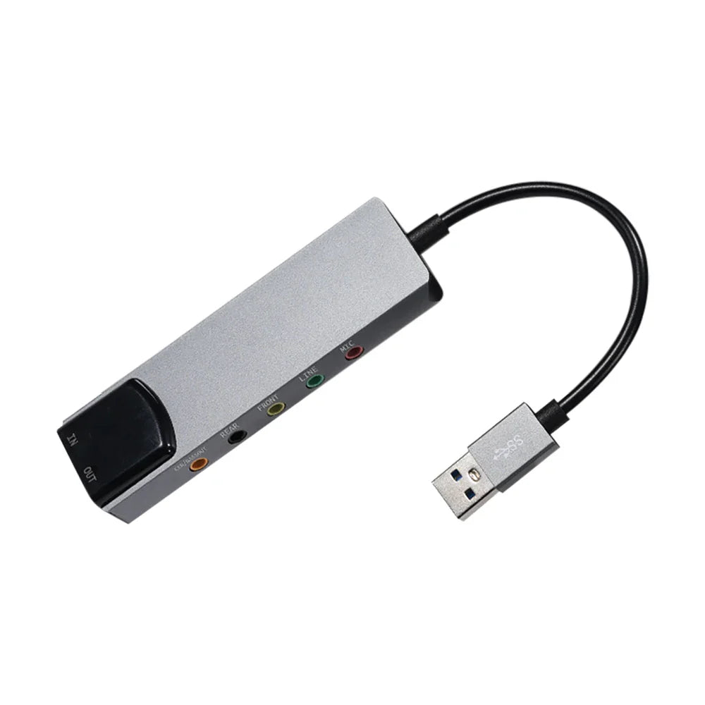 Silver aluminum 6-in-1 usb external optical sound card with black cable and colored indicator lights for audio ports