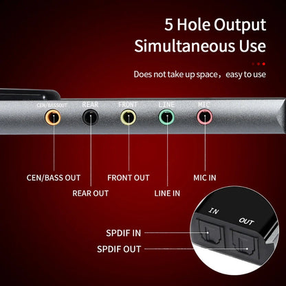 Back side of a silver 6-in-1 usb external optical sound card with five color-coded jacks and spdif digital ports aluminum case
