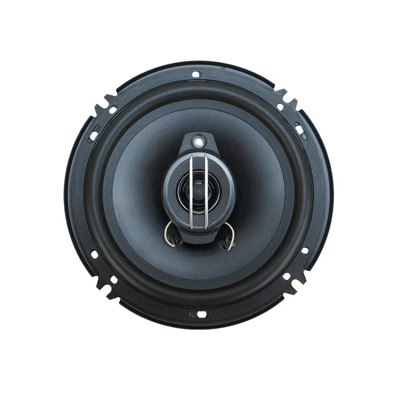 Black 6 inch 3way universal car coaxial speaker with central tweeter and mounting holes for auto music stereo use