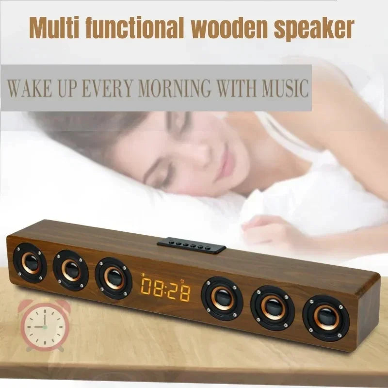 Brown wooden bluetooth speaker with six speakers and digital display for home theater sound and stereo surround sound systems