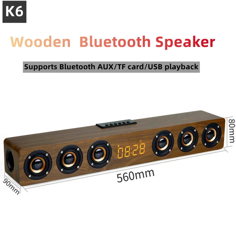 The k6 wooden bluetooth speaker with rich brown wood finish and five speakers delivers stereo surround sound for home theater