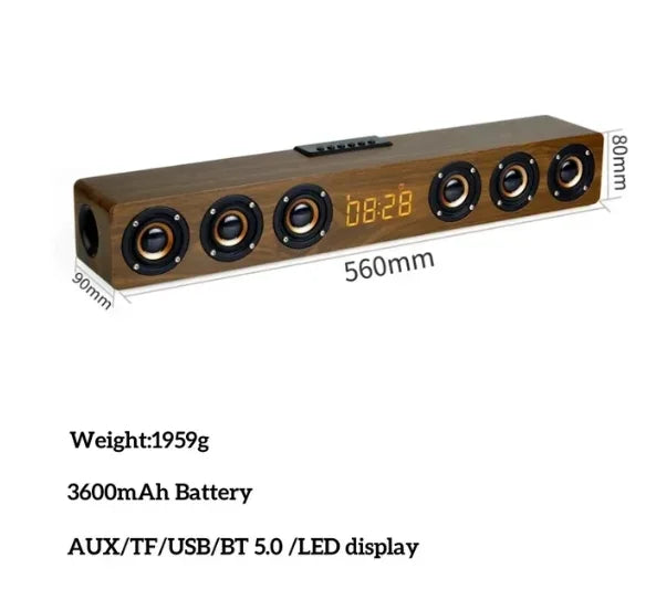 Wooden bluetooth speaker sound bar with five black drivers and led display for home theater sound and stereo surround sound