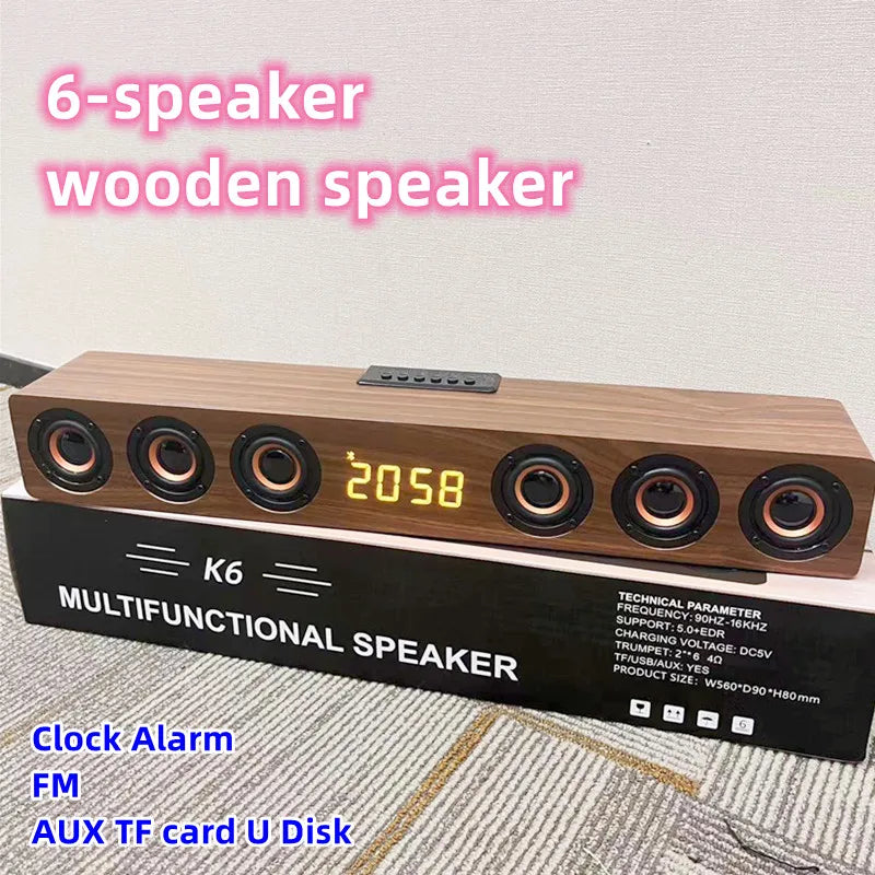 Wooden bluetooth speaker sound bar with six circular drivers and digital clock display for home theater sound and stereo surround sound