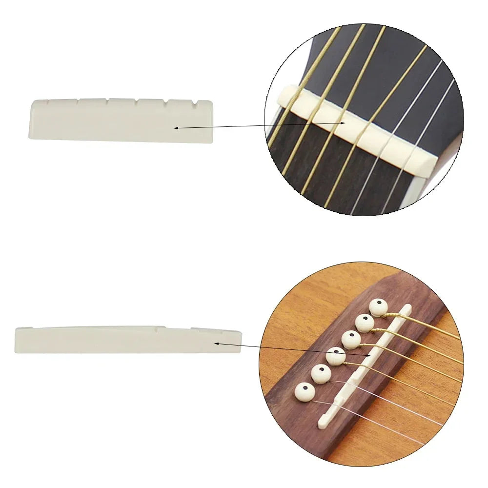 Cream-colored bone-like guitar bridge saddle with six tuning pegs for nut bridge musical instrument replacement parts