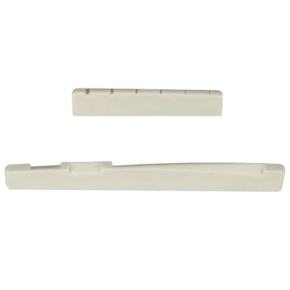 Two cream-colored plastic guitar bridge saddle and nut bridge musical instrument replacement parts for 6 string acoustic guitar