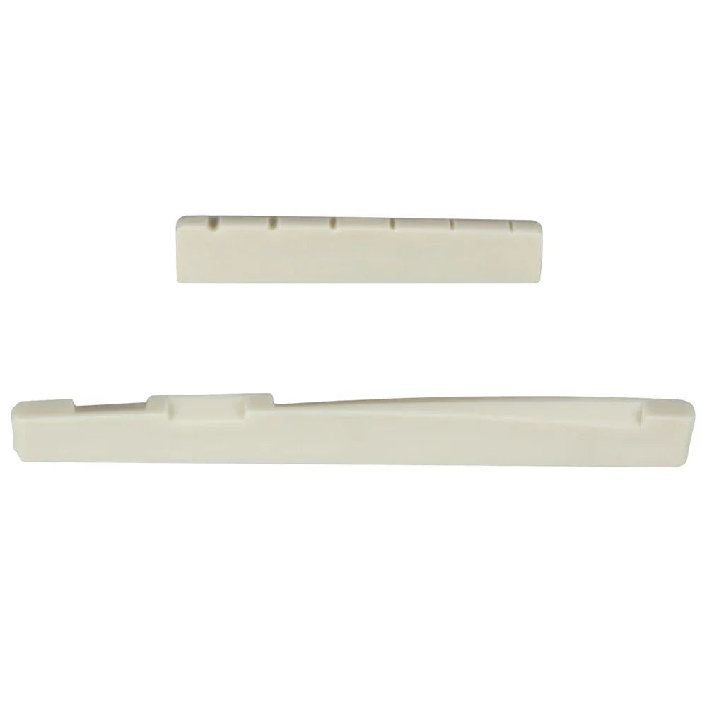 Two cream-colored plastic guitar bridge saddle and nut bridge musical replacement parts for 6 string acoustic guitar