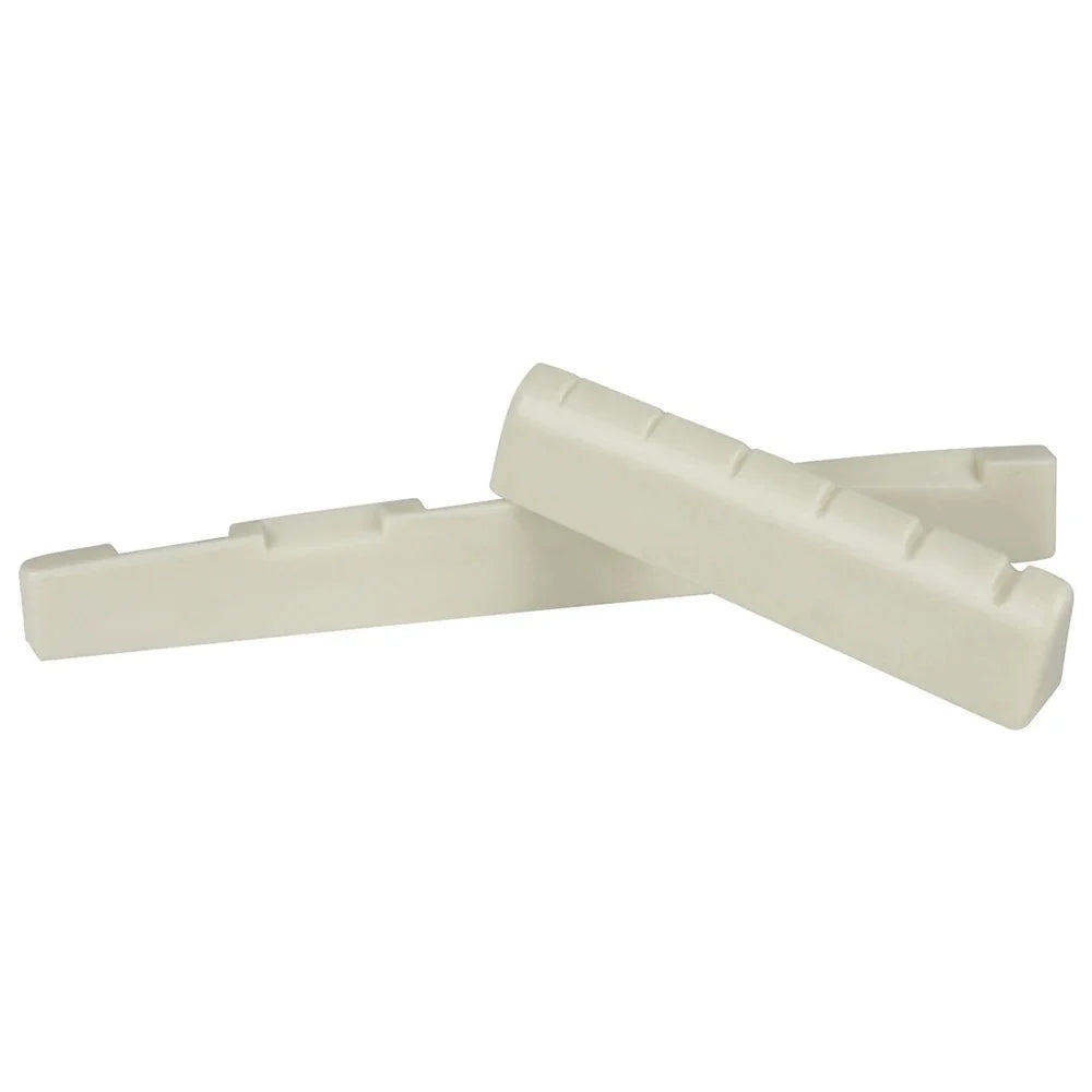 Two off-white rectangular guitar bridge saddles with molded slots for string placement musical instrument replacement