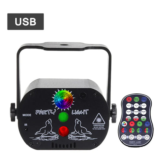Black usb mini dj disco light with colorful rainbow lens, seal illustrations, and remote for stage lighting effect use