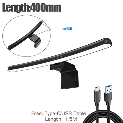 Black led desk lamp with sleek curved design and adjustable mounting bracket paired with 60cm rgb led monitor light bar hanging light dimming