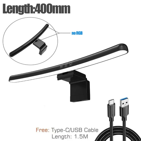Black led desk lamp with sleek curved design and adjustable mounting bracket paired with 60cm rgb led monitor light bar hanging light dimming