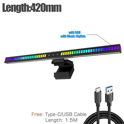 Black rectangular 60cm rgb led monitor light bar with music-synced color-changing bars and hanging light dimming clip