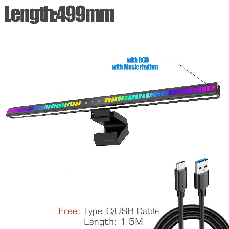 A sleek black 60cm rgb led monitor light bar with vibrant color-changing hanging light dimming for music sync